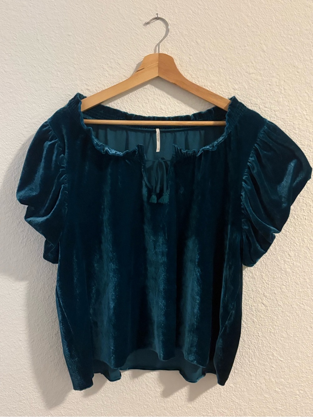 Free People Teal Velvet Puff Sleeve Peasant Top Boho Romantic Blouse L